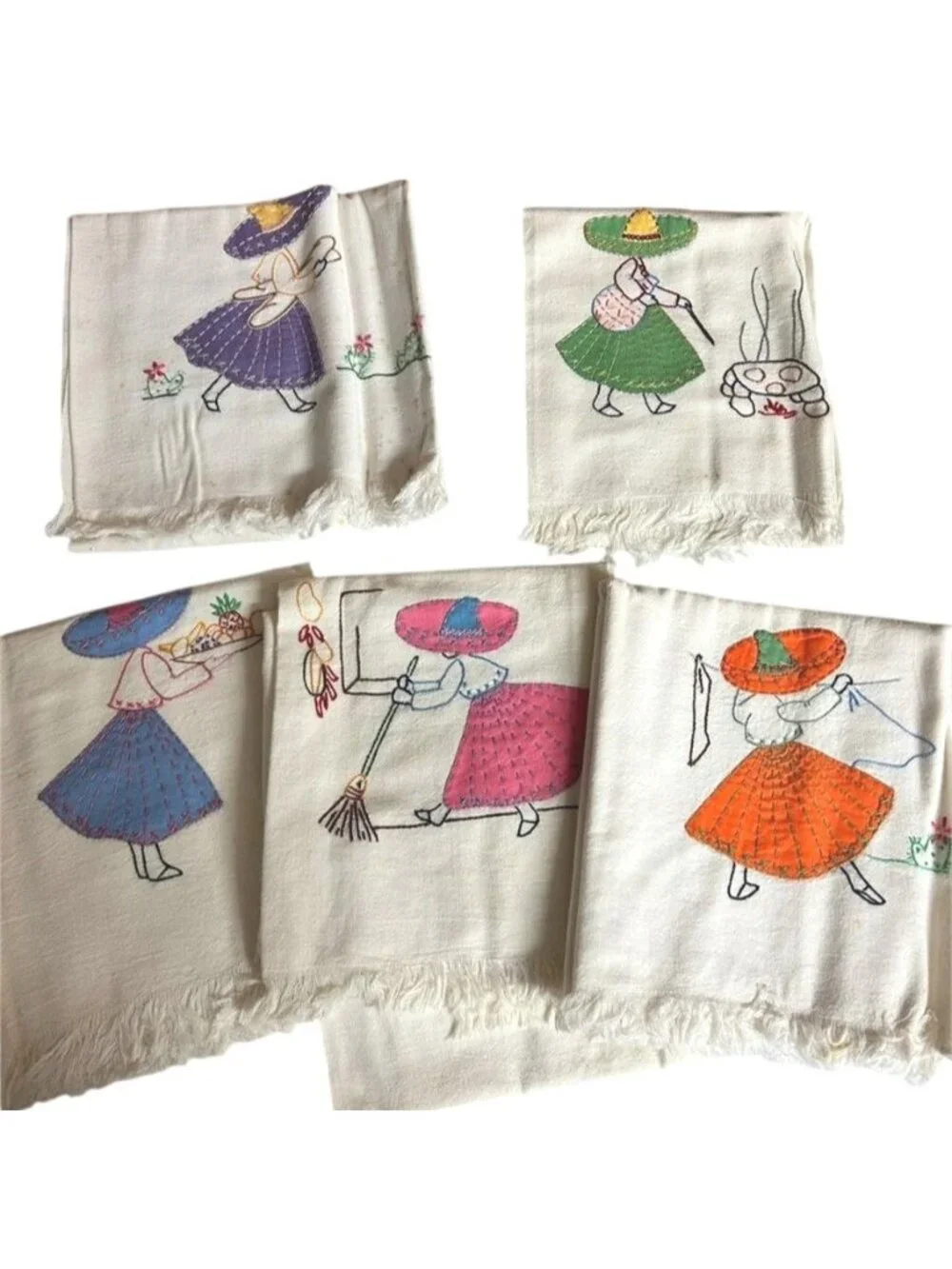 Vintage Hand Embroidered Señorita Kitchen Towels Set of 5